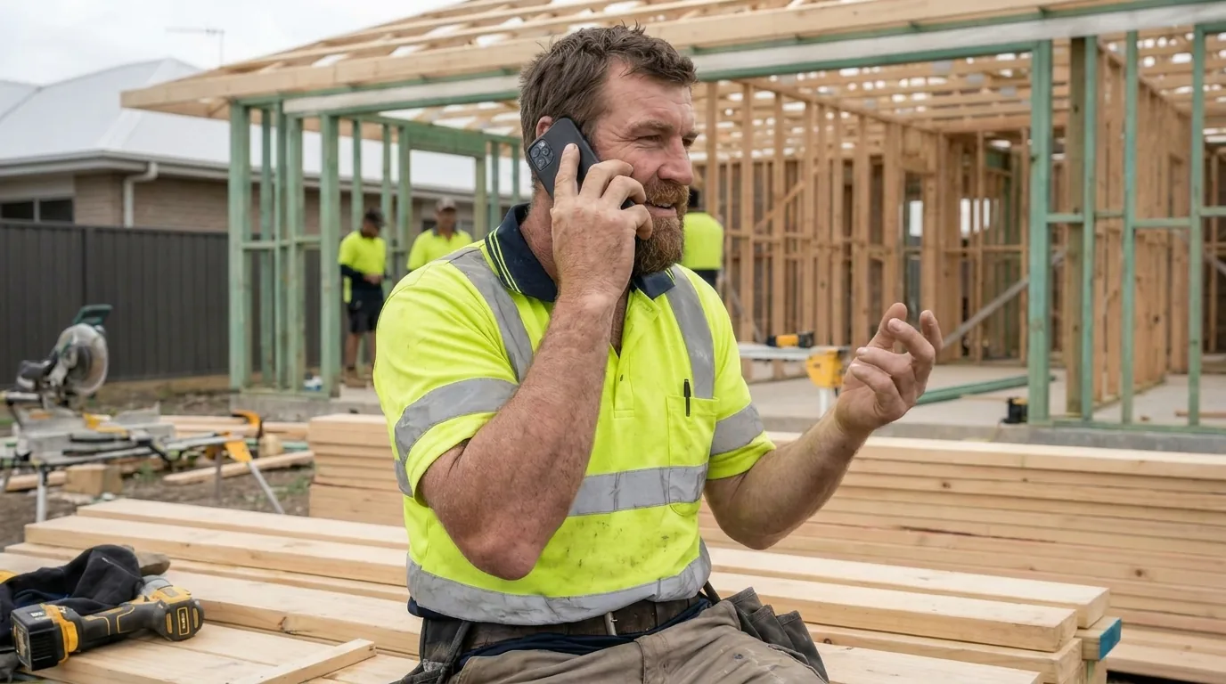 Australian tradie answering a phone call on the job, representing a Google Ads lead turning into a booked job
