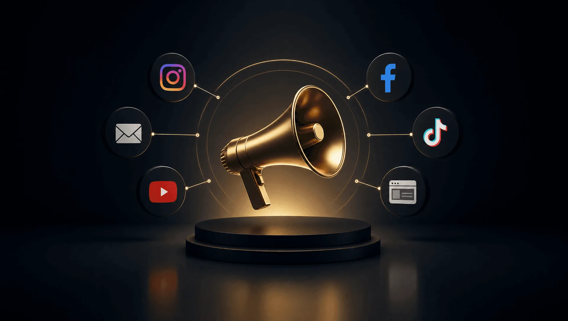 Gold megaphone on a podium connected to Instagram, Facebook, TikTok, YouTube, email and website icons, representing multi-channel brand awareness